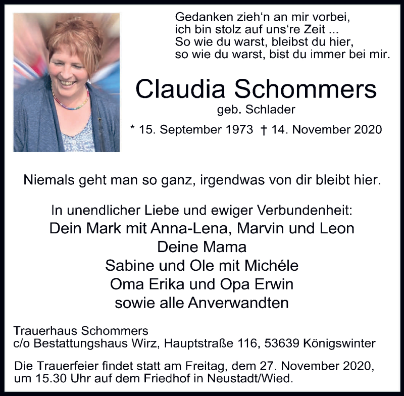  Traueranzeige für Claudia Schommers vom 21.11.2020 aus Rhein-Zeitung