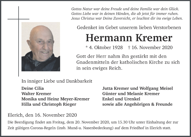  Traueranzeige für Hermann Kremer vom 19.11.2020 aus Rhein-Zeitung