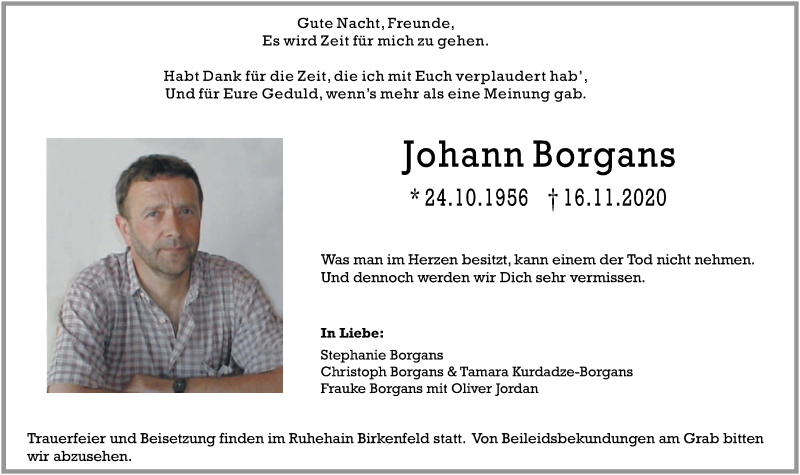  Traueranzeige für Johann Borgans vom 21.11.2020 aus Nahe-Zeitung