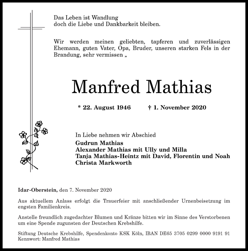 Traueranzeigen von Manfred Mathias | rz-trauer.de