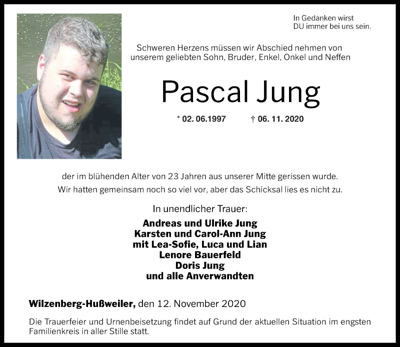  Traueranzeige für Pascal Jung vom 12.11.2020 aus Nahe-Zeitung