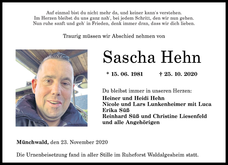  Traueranzeige für Sascha Hehn vom 23.11.2020 aus Oeffentlicher Anzeiger