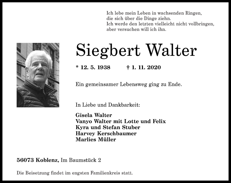  Traueranzeige für Siegbert Walter vom 07.11.2020 aus Rhein-Zeitung