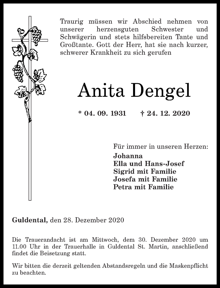  Traueranzeige für Anita Dengel vom 28.12.2020 aus Oeffentlicher Anzeiger