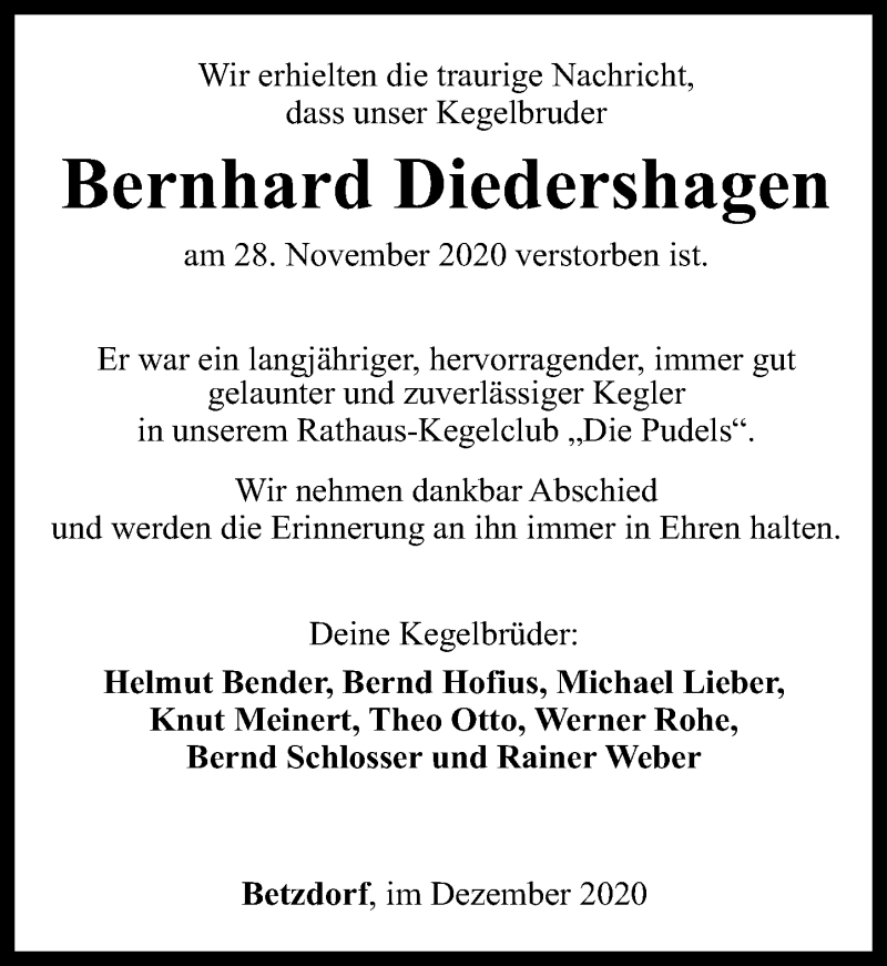  Traueranzeige für Bernhard Diedershagen vom 08.12.2020 aus Rhein-Zeitung