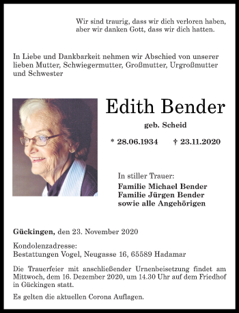 Traueranzeige von Edith Bender von Rhein-Lahn-Zeitung