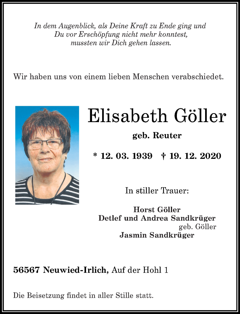 Traueranzeigen von Elisabeth Göller | rz-Trauer.de
