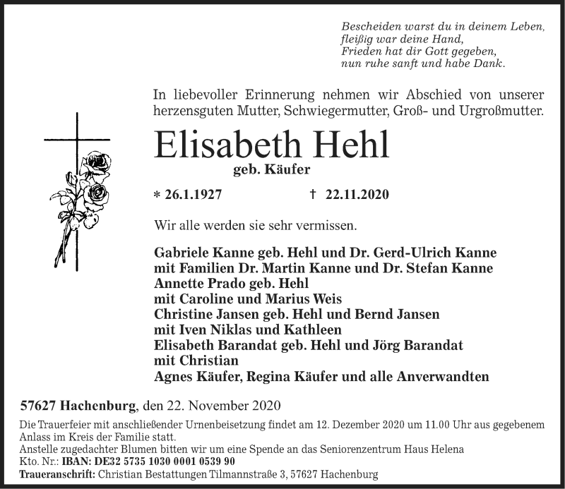  Traueranzeige für Elisabeth Hehl vom 05.12.2020 aus Westerwälder Zeitung