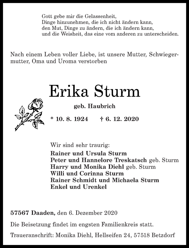 Traueranzeigen Von Erika Sturm Rz Trauer De