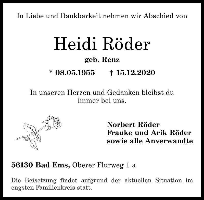  Traueranzeige für Heidi Röder vom 19.12.2020 aus Rhein-Lahn-Zeitung