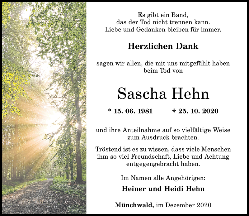  Traueranzeige für Sascha Hehn vom 14.12.2020 aus Oeffentlicher Anzeiger