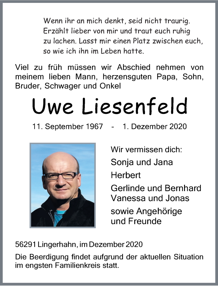  Traueranzeige für Uwe Liesenfeld vom 03.12.2020 aus Rhein-Hunsrück-Zeitung