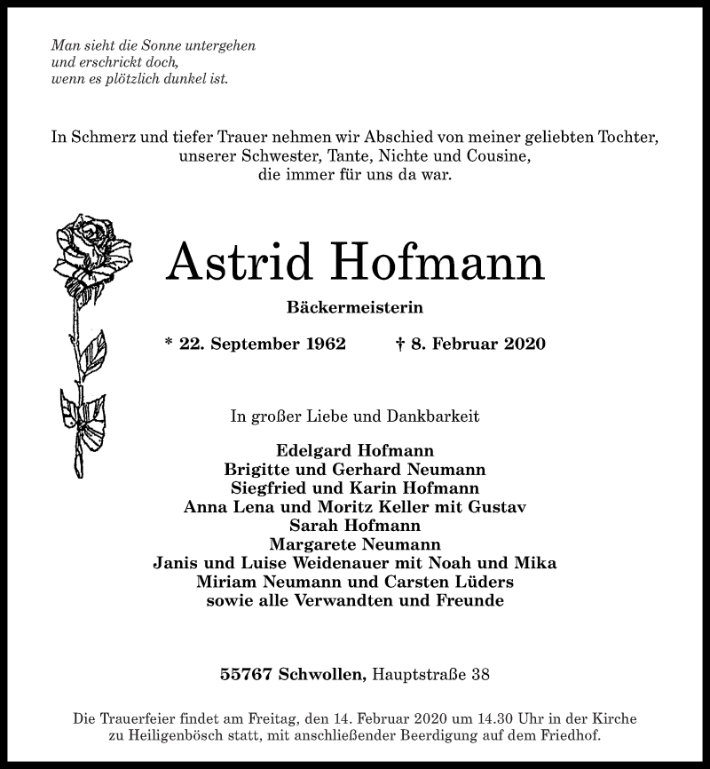  Traueranzeige für Astrid Hofmann vom 11.02.2020 aus Nahe-Zeitung