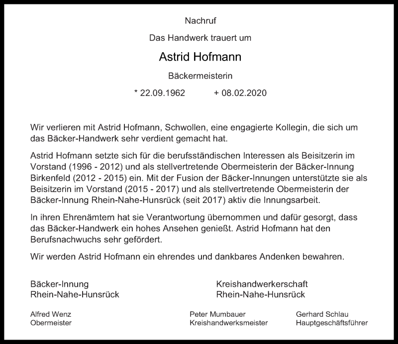  Traueranzeige für Astrid Hofmann vom 15.02.2020 aus Nahe-Zeitung