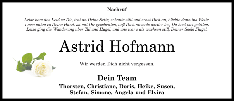  Traueranzeige für Astrid Hofmann vom 13.02.2020 aus Nahe-Zeitung