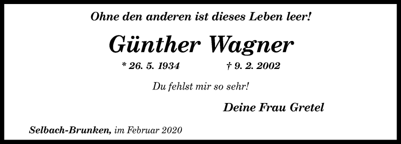  Traueranzeige für Günther Wagner vom 15.02.2020 aus Rhein-Zeitung