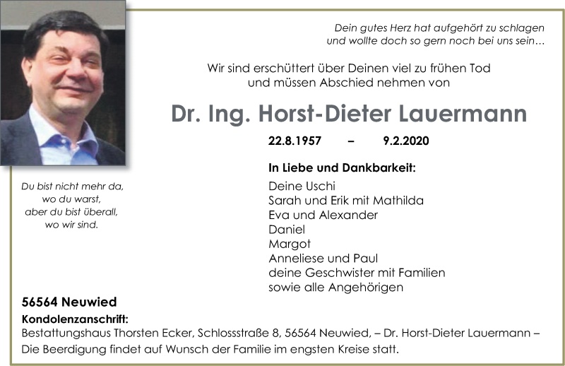  Traueranzeige für Horst-Dieter Lauermann vom 12.02.2020 aus Rhein-Zeitung