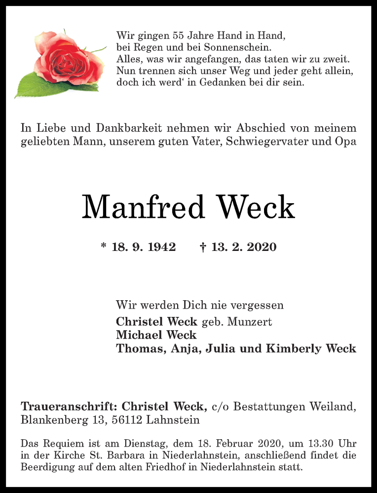  Traueranzeige für Manfred Weck vom 15.02.2020 aus Rhein-Zeitung