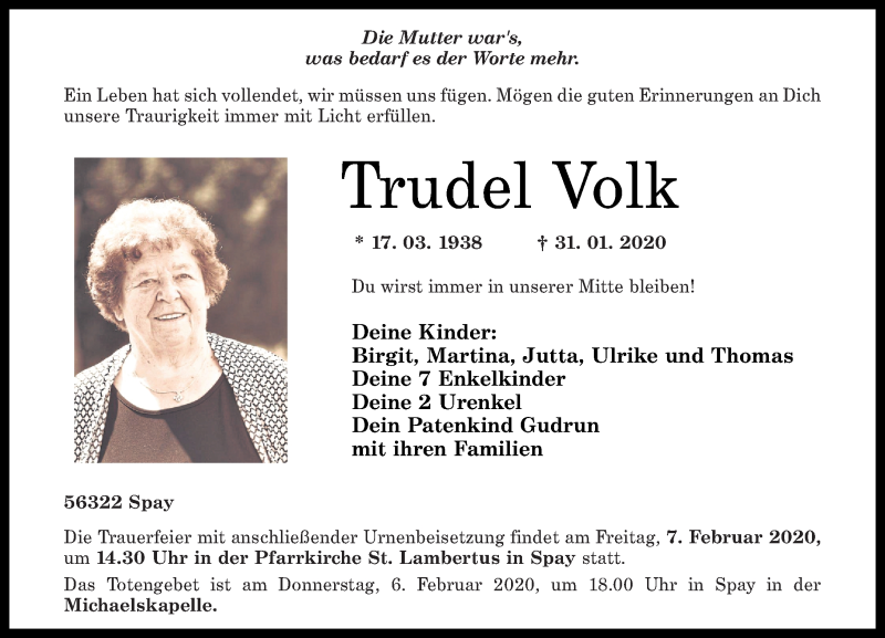  Traueranzeige für Trudel Volk vom 05.02.2020 aus Rhein-Zeitung