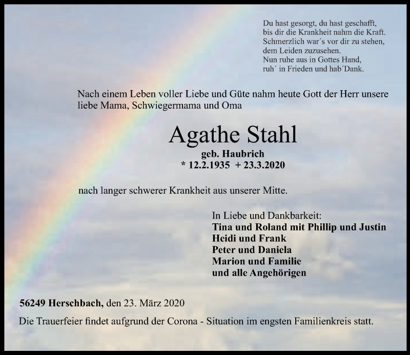  Traueranzeige für Agathe Stahl vom 25.03.2020 aus Westerwälder Zeitung