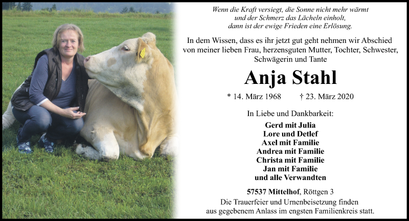  Traueranzeige für Anja Stahl vom 27.03.2020 aus Westerwälder Zeitung