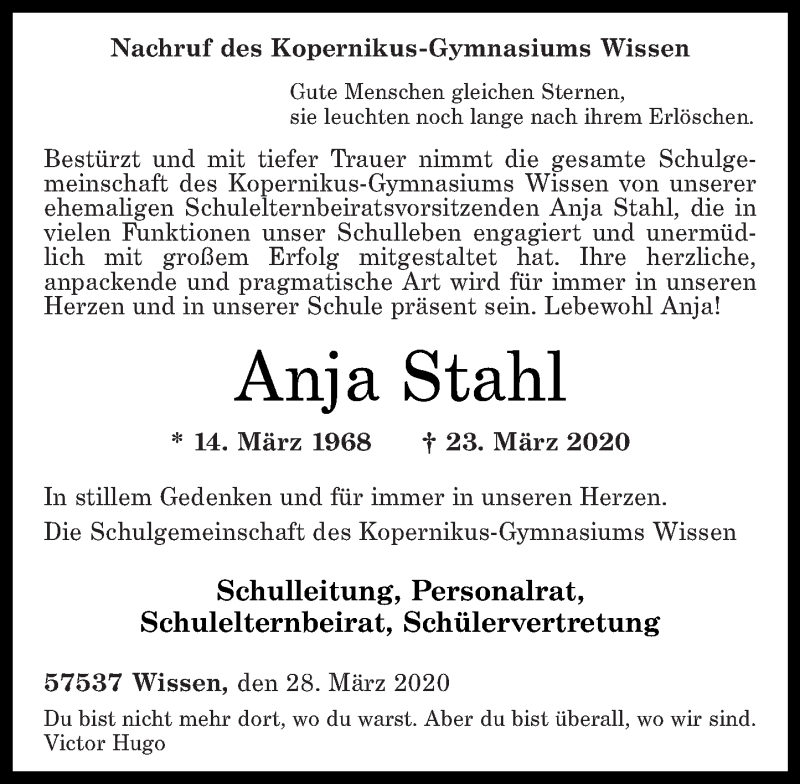  Traueranzeige für Anja Stahl vom 31.03.2020 aus Rhein-Zeitung