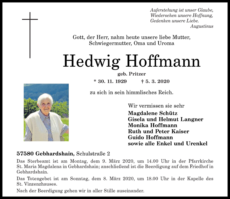  Traueranzeige für Hedwig Hoffmann vom 07.03.2020 aus Rhein-Zeitung