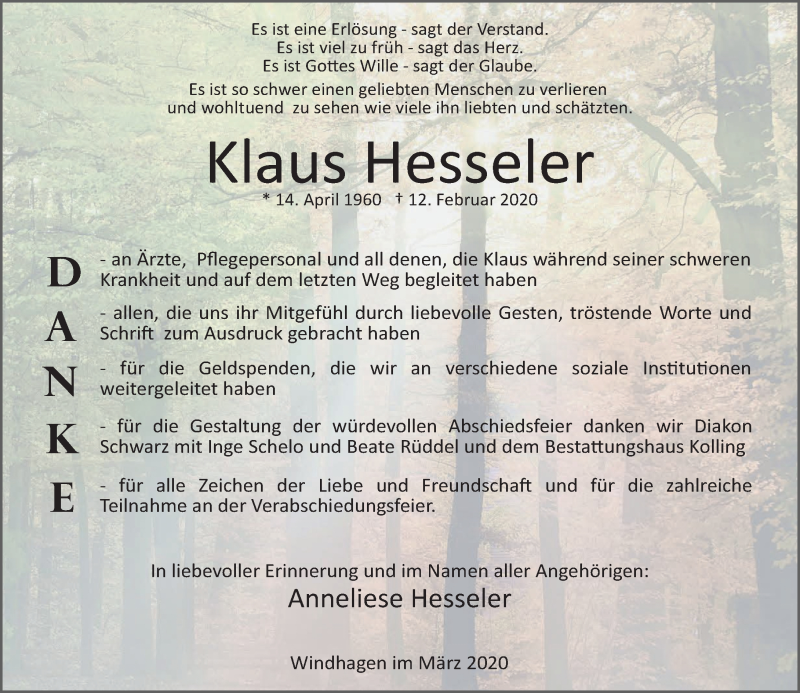 Traueranzeigen Von Klaus Hesseler Rz Trauer De