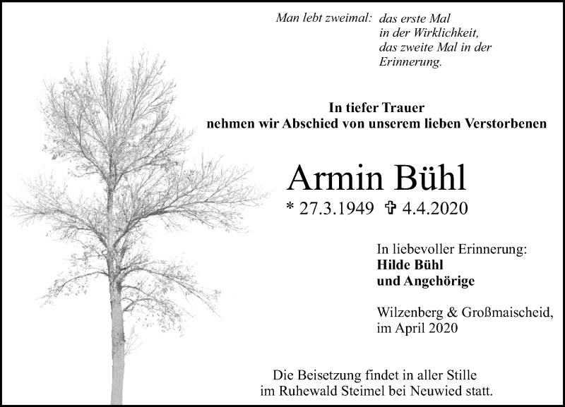  Traueranzeige für Armin Bühl vom 09.04.2020 aus Nahe-Zeitung