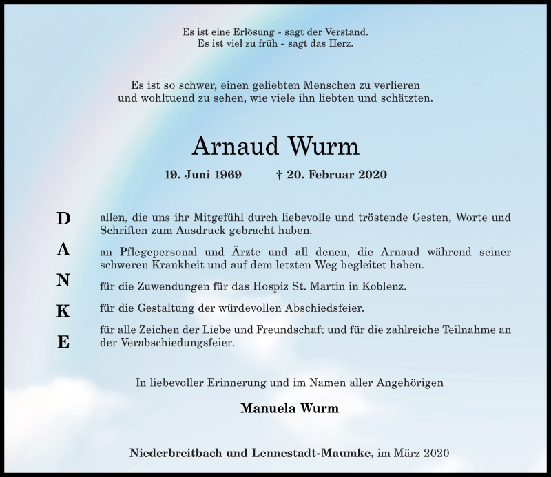 Traueranzeigen Von Arnaud Wurm Rz Trauer De