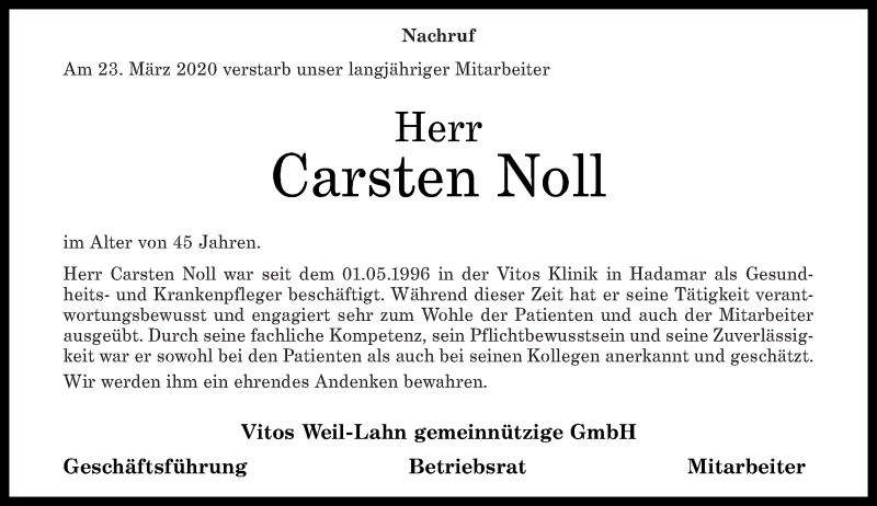  Traueranzeige für Carsten Noll vom 03.04.2020 aus Westerwälder Zeitung