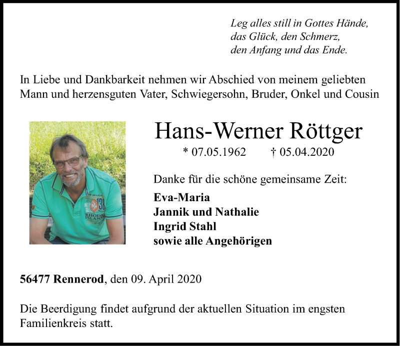  Traueranzeige für Hans-Werner Röttger vom 09.04.2020 aus Westerwälder Zeitung
