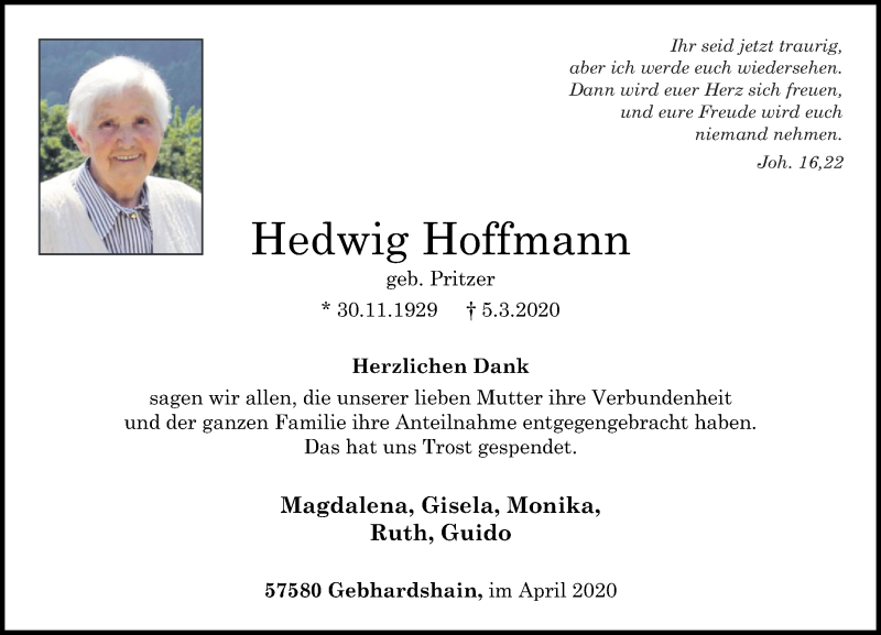  Traueranzeige für Hedwig Hoffmann vom 18.04.2020 aus Rhein-Zeitung