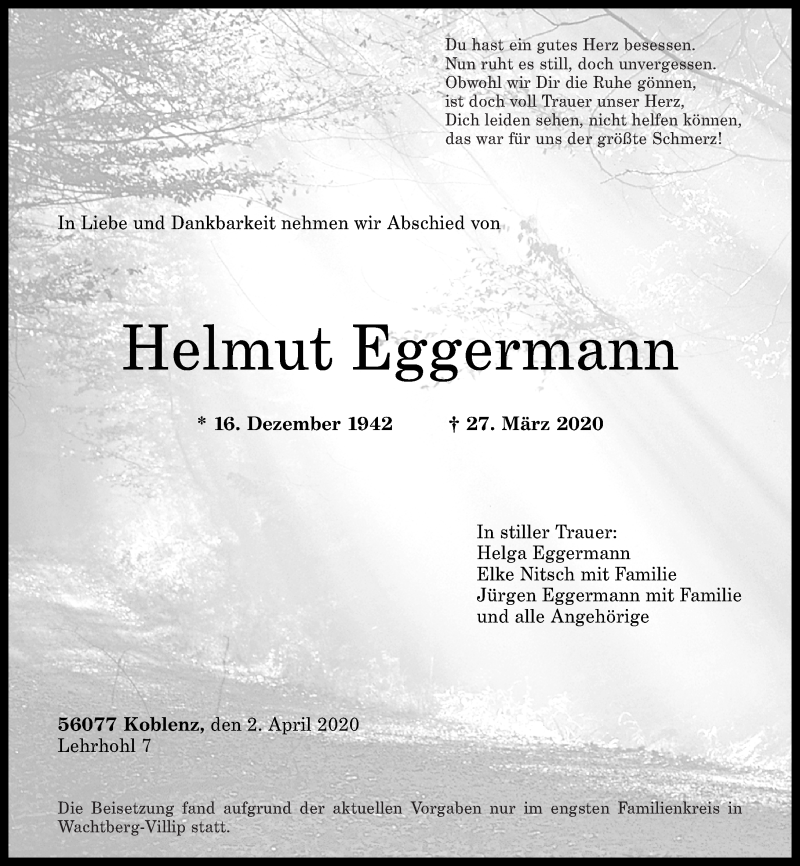  Traueranzeige für Helmut Eggermann vom 04.04.2020 aus Rhein-Zeitung