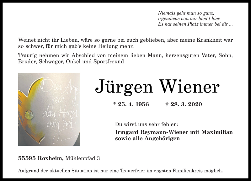  Traueranzeige für Jürgen Wiener vom 04.04.2020 aus Oeffentlicher Anzeiger
