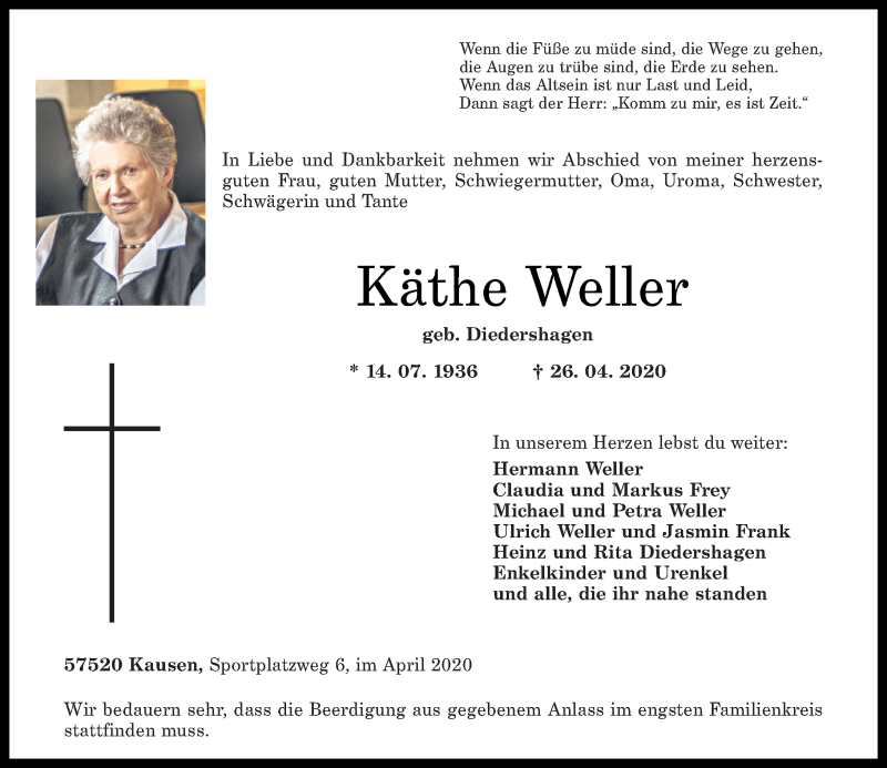  Traueranzeige für Katharina Maria Weller vom 30.04.2020 aus Rhein-Zeitung
