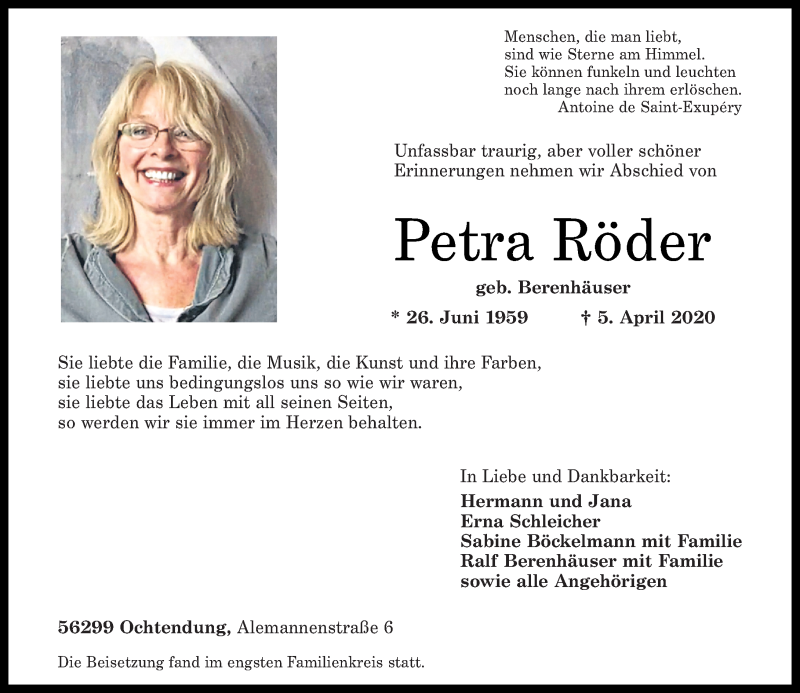  Traueranzeige für Petra Röder vom 18.04.2020 aus Rhein-Zeitung