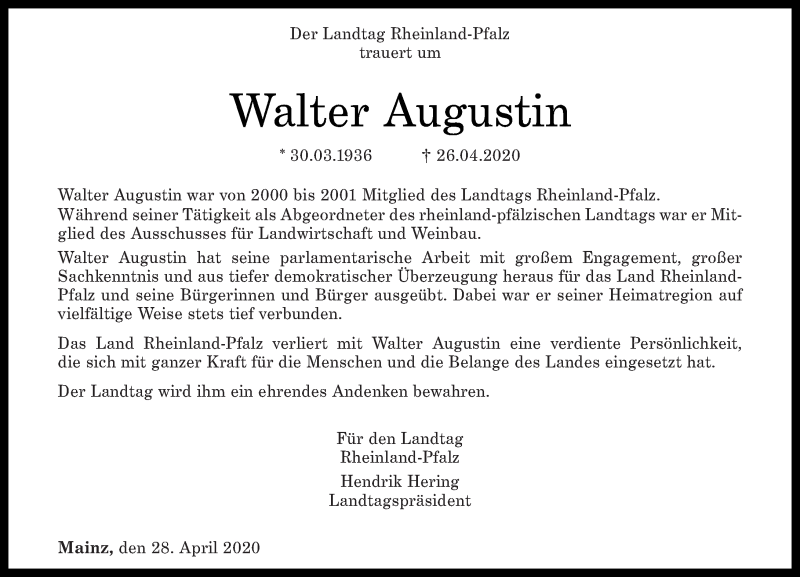  Traueranzeige für Walter Augustin vom 30.04.2020 aus Rhein-Hunsrück-Zeitung