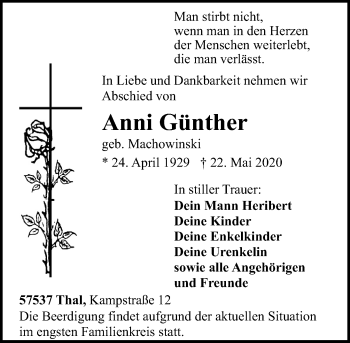 Traueranzeige von Anni Günther von Rhein-Zeitung