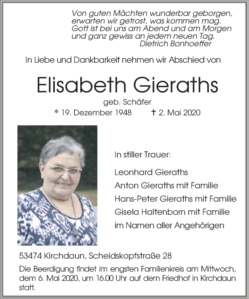 Traueranzeigen von Elisabeth Gieraths | rz-trauer.de