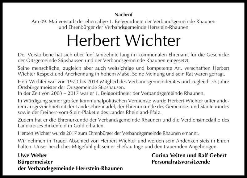  Traueranzeige für Herbert Wichter vom 16.05.2020 aus Nahe-Zeitung