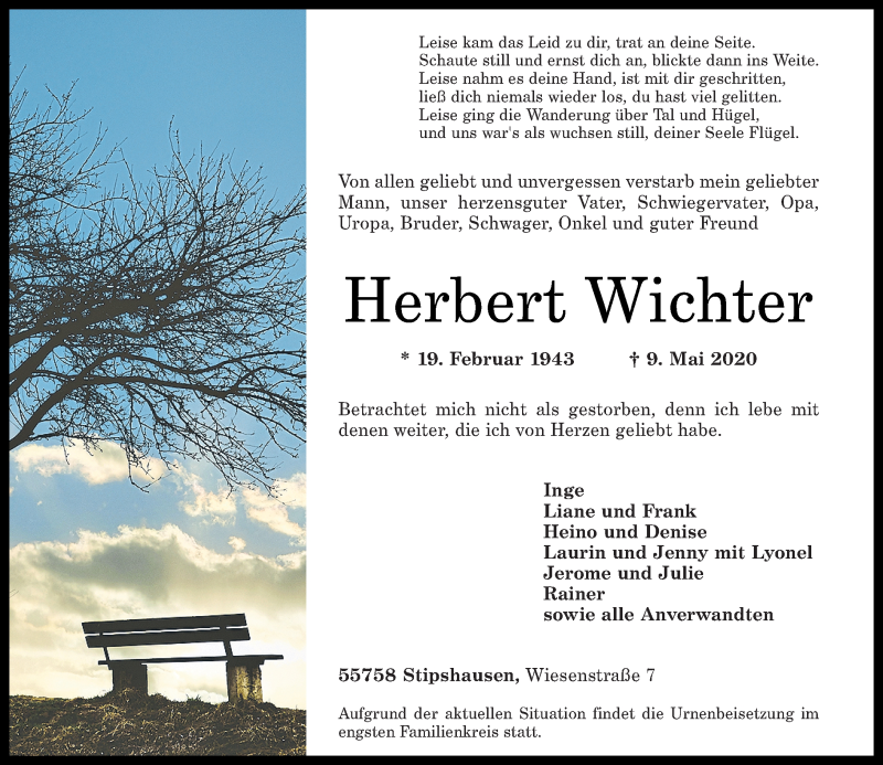 Traueranzeige für Herbert Wichter vom 12.05.2020 aus Nahe-Zeitung