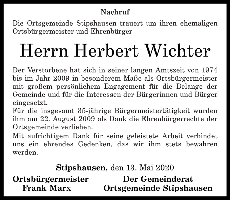  Traueranzeige für Herbert Wichter vom 16.05.2020 aus Nahe-Zeitung