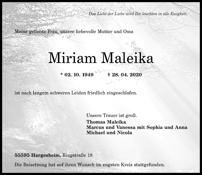  Traueranzeige für Miriam Maleika vom 16.05.2020 aus Oeffentlicher Anzeiger