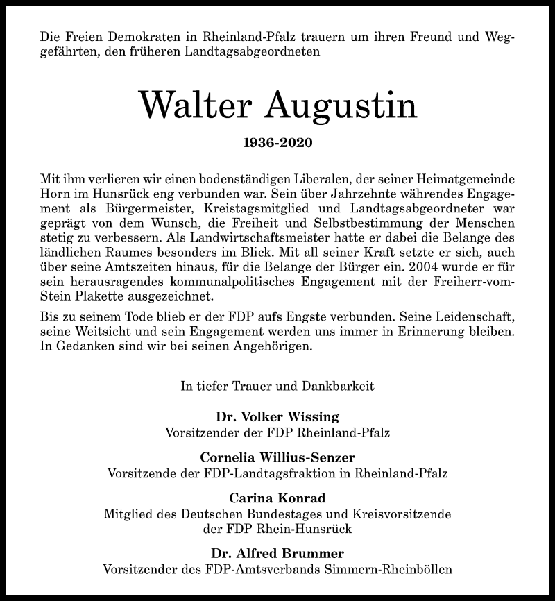  Traueranzeige für Walter Augustin vom 02.05.2020 aus Rhein-Hunsrück-Zeitung