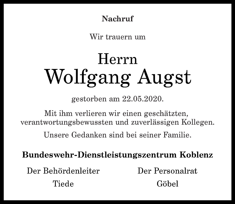  Traueranzeige für Wolfgang Augst vom 30.05.2020 aus Rhein-Zeitung