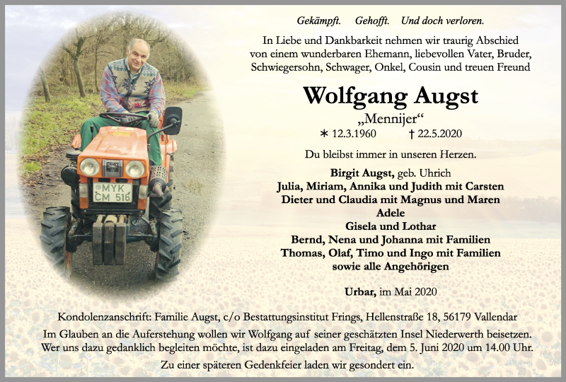  Traueranzeige für Wolfgang Augst vom 30.05.2020 aus Rhein-Zeitung