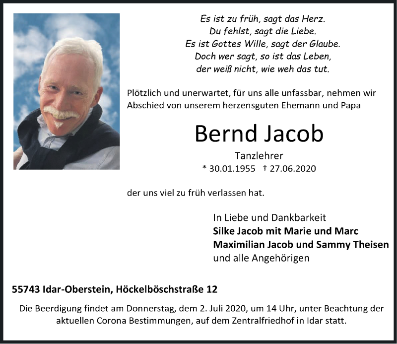  Traueranzeige für Bernd Jacob vom 30.06.2020 aus Nahe-Zeitung