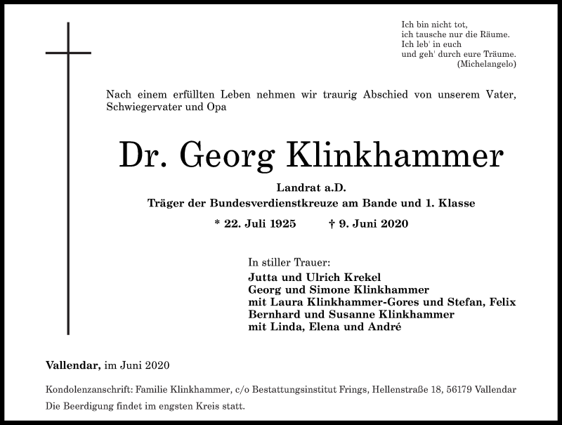  Traueranzeige für Georg Klinkhammer vom 13.06.2020 aus Rhein-Zeitung