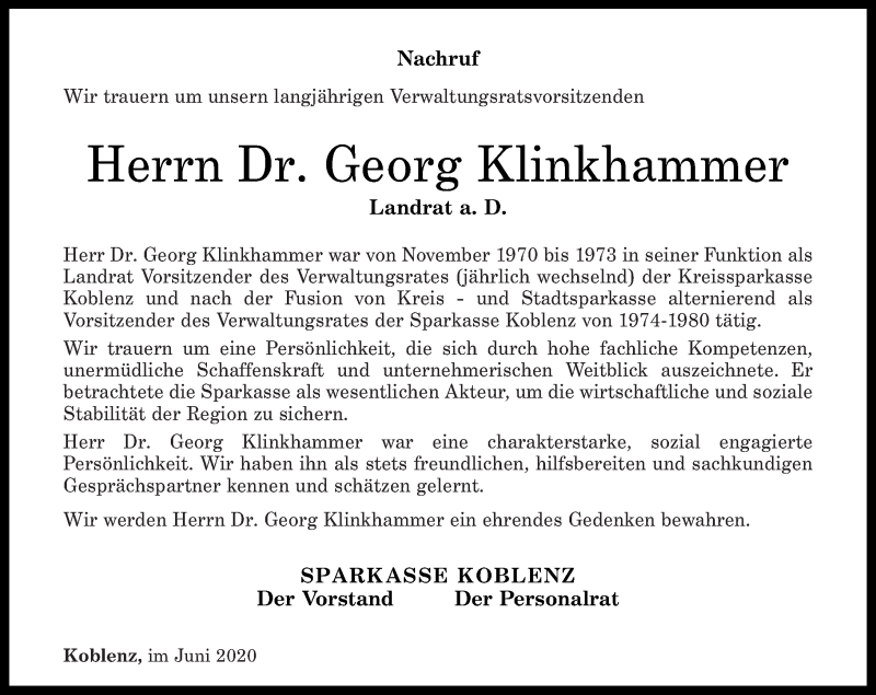  Traueranzeige für Georg Klinkhammer vom 17.06.2020 aus Rhein-Zeitung